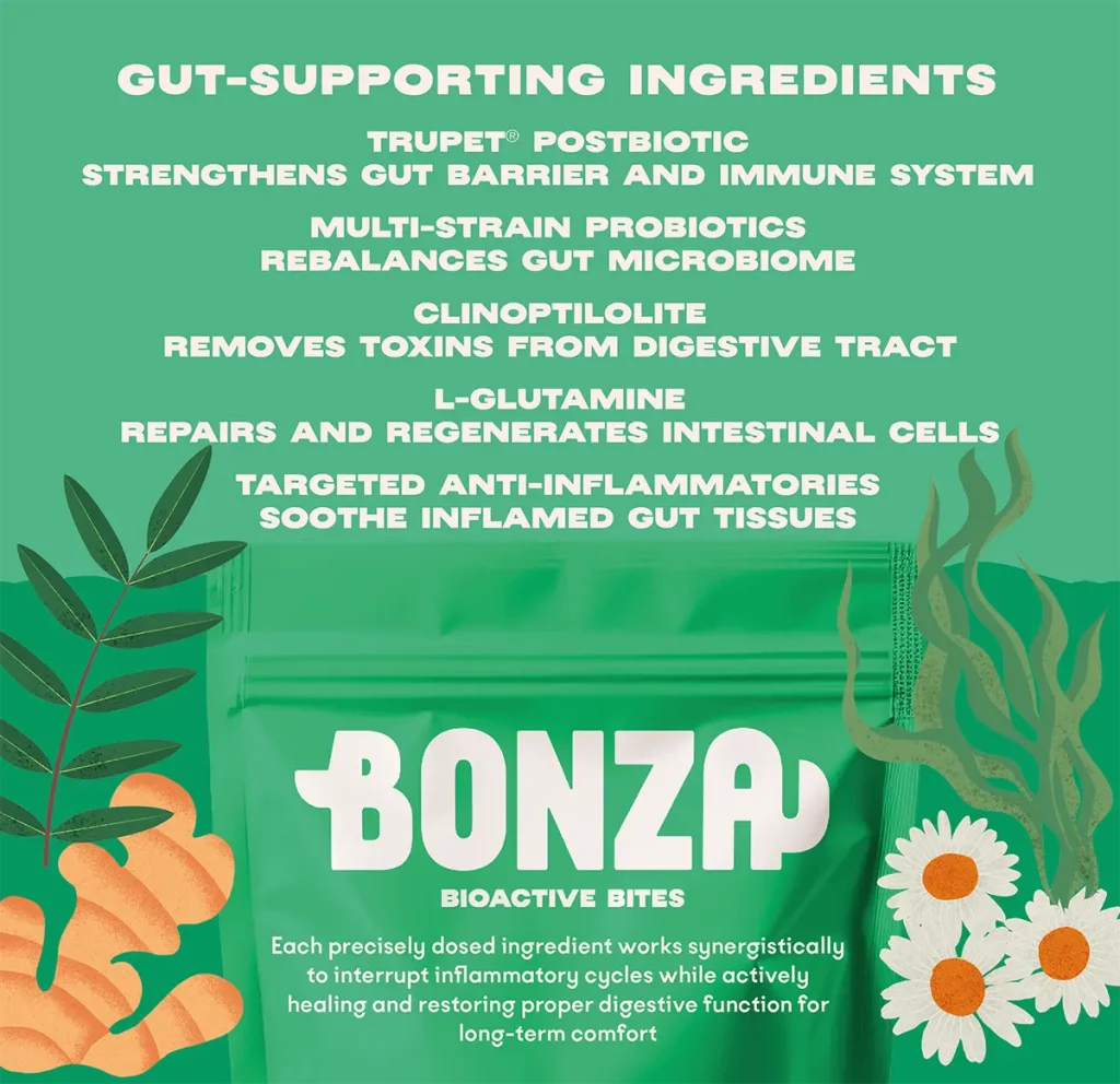 Bonza Belly Bioactive Bites Suplemento digestivo para perros EII Colitis SII Diarrea y gastritis Respaldado por la ciencia y aprobado por veterinarios Salud intestinal y digestiva