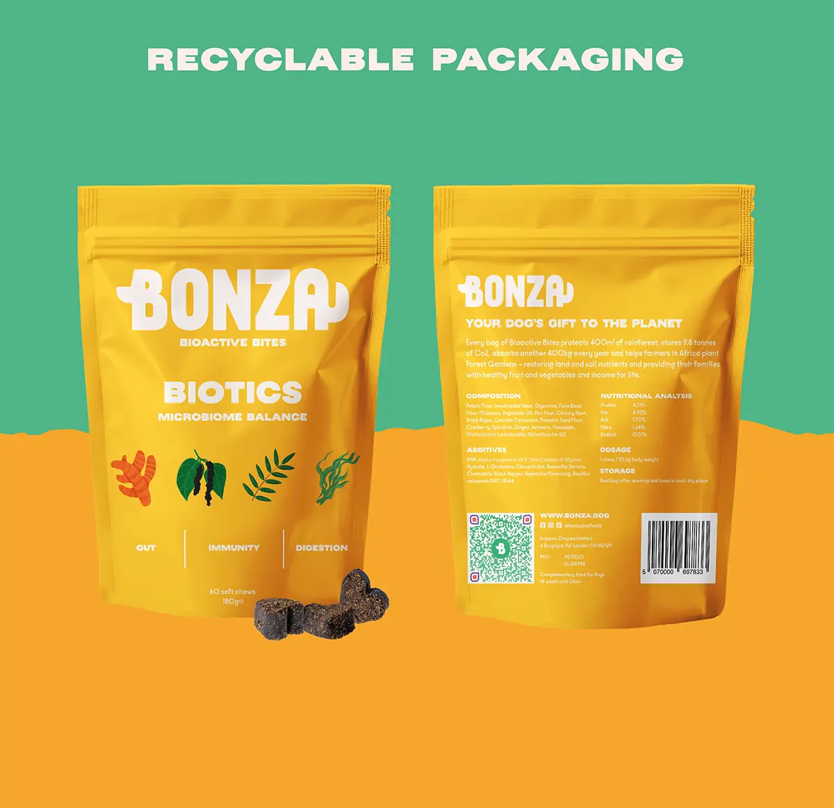 Bonza Biotics Bioactive Bites Suppléments prébiotiques probiotiques postbiotiques pour chiens Système immunitaire et microbiome Emballage recyclable Formule végétalienne