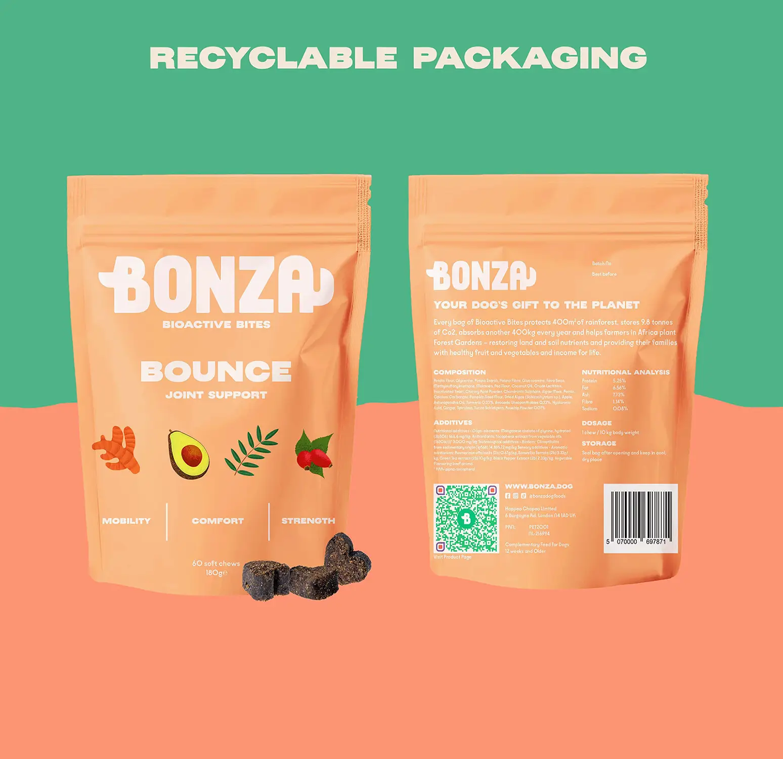 Bonza Bounce Suplemento para las articulaciones y la movilidad de los perros Envase reciclable