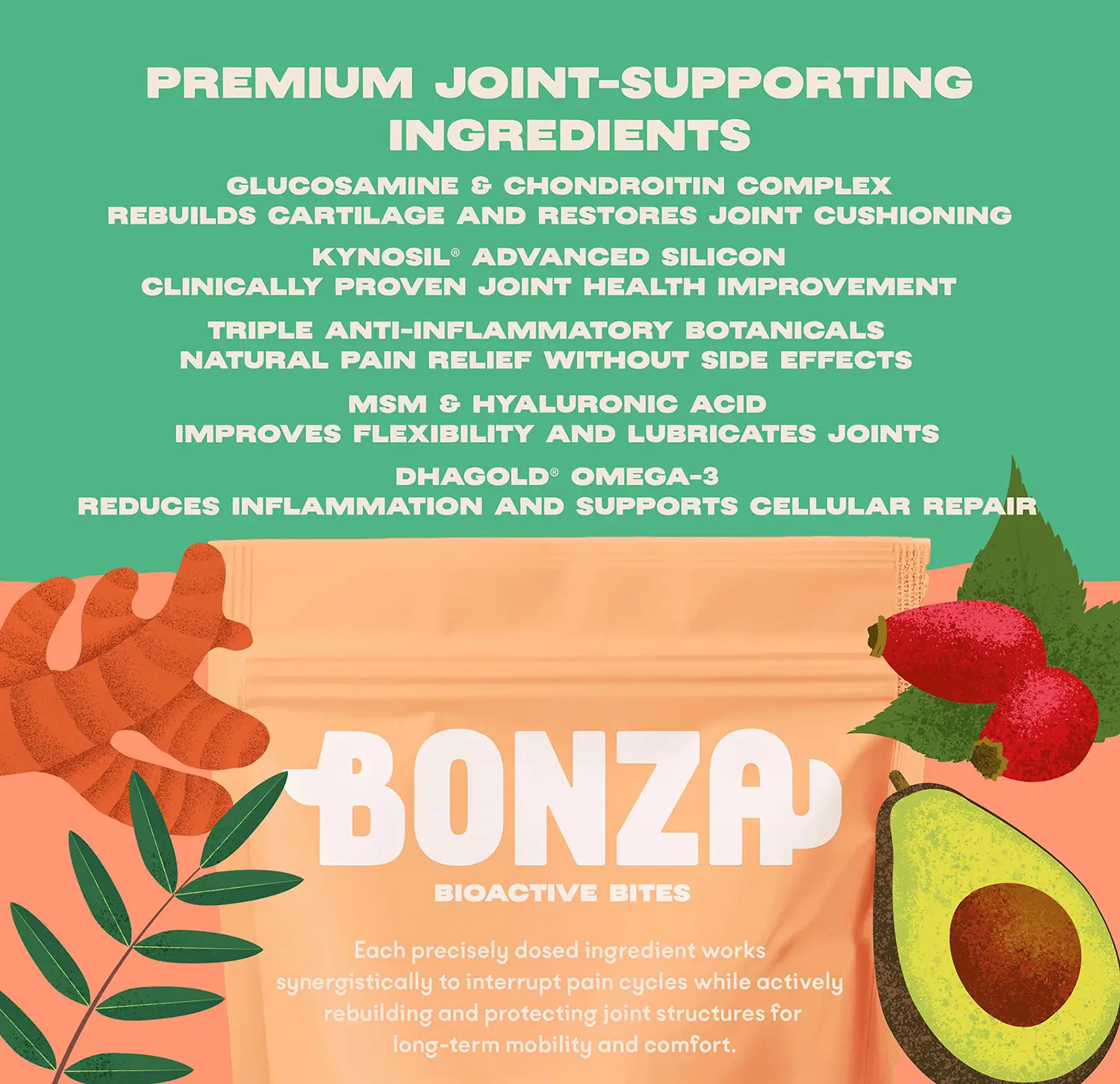 Bonza Bounce Suplemento para las articulaciones y la movilidad de los perros Ingredientes que favorecen las articulaciones