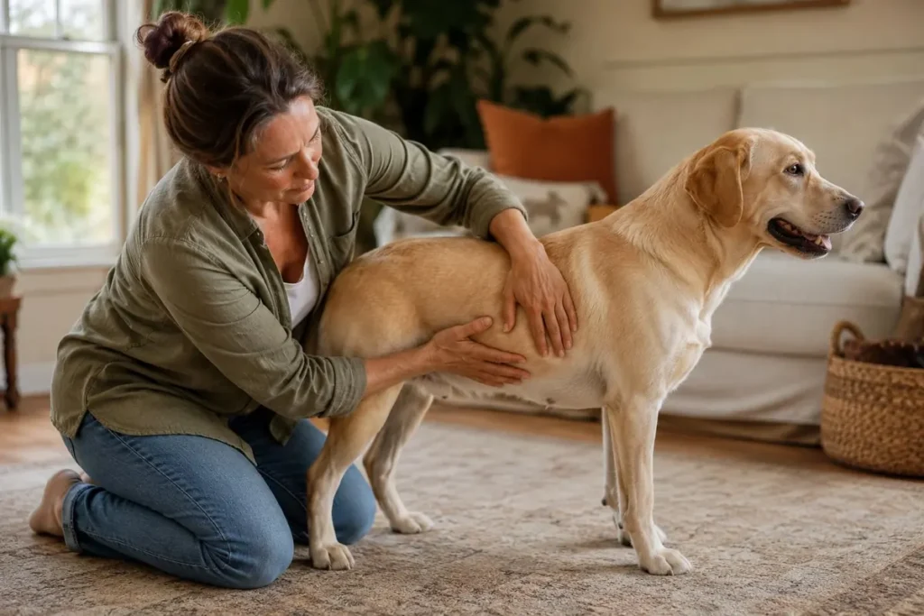 Frau tastet zu Hause die Rippen ihres Labradors ab, um seinen Gesundheitszustand zu überprüfen