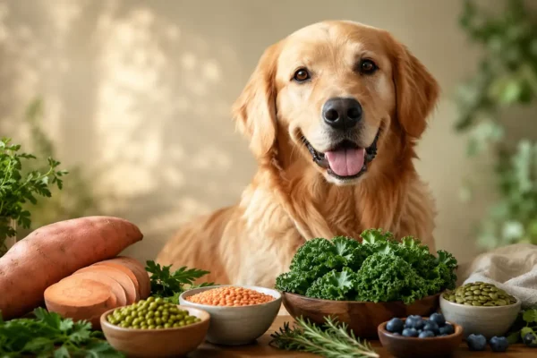 Healthy golden retriever beside whole plant ingredients, including sweet potato, peas, lentils and kale, for plant-based dog food