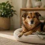 L'axe HPA chez le chien : comment le stress chronique modifie le fonctionnement de l'organisme tout entier Un chien âgé, serein, se reposant sur un lit dans une maison calme et ensoleillée, illustrant une réponse canine au stress bien maîtrisée et une régulation saine de l'axe HPA
