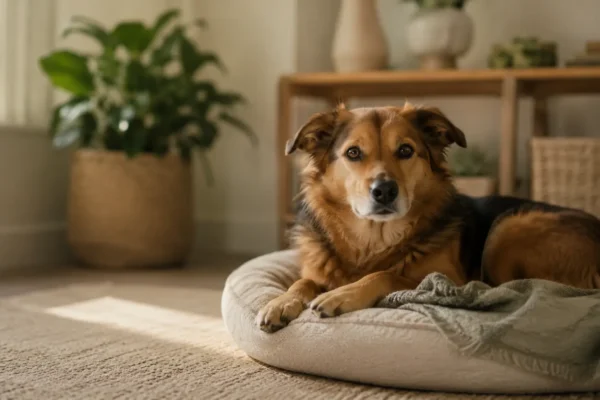 Un perro mayor tranquilo descansando en una cama en una casa silenciosa y soleada, lo que ilustra una respuesta canina al estrés estabilizada y una regulación saludable del eje HPA
