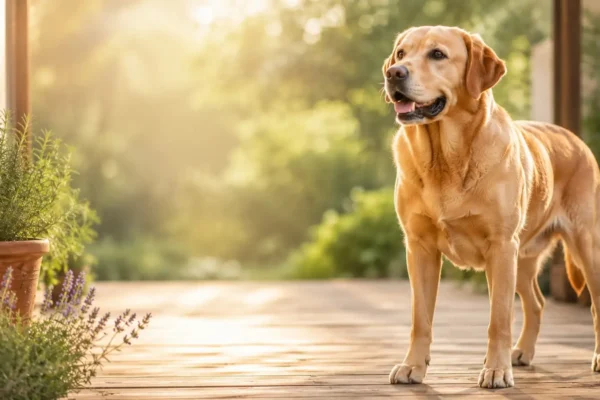 Healthy mature Labrador standing comfortably on a sunlit wooden deck beside rosemary and lavender