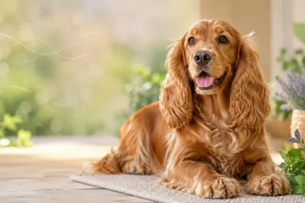 Healthy cocker spaniel with a glossy coat resting beside fresh herbs and lavender