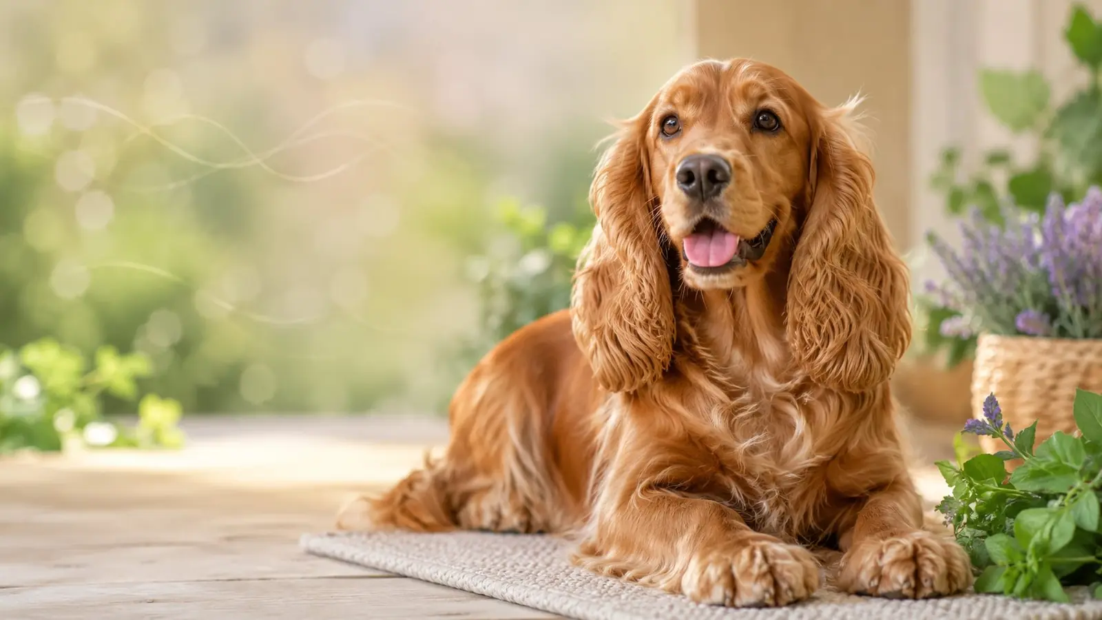 Un cocker spaniel sano, con un pelaje brillante, descansando junto a unas hierbas frescas y lavanda