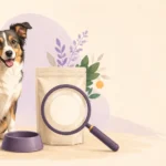 Vet Approved, Vet Formulated, Vet Founded: What These Dog Food Claims Tell You, and What They Don't. Happy tri-colour dog beside a plain dog food pouch and bowl, with a magnifying glass held over a blank badge on the pack, examining vet approved dog food claims.