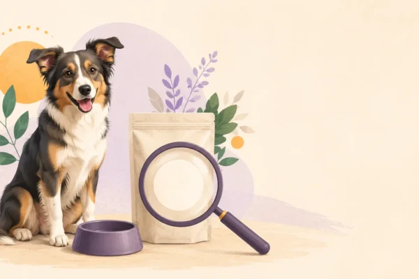 Un chien tricolore à l'air heureux, à côté d'un sachet de croquettes et d'une gamelle, tenant une loupe au-dessus d'un badge vierge figurant sur l'emballage, en train d'examiner les allégations relatives à ces croquettes approuvées par un vétérinaire.
